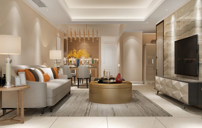 3d rendering modern dining room and living room with luxury decor